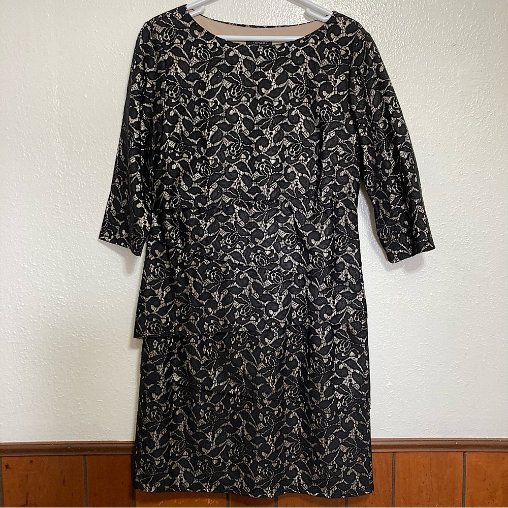 Tahari Women’s 14 Sheath Tiered/Layers Lined Dress Black Lace over Shimmery Nude